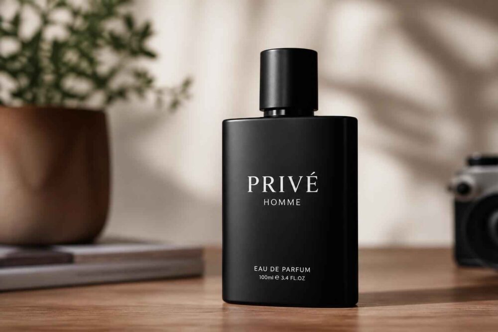 Czarny flakon perfum Privé Homme na drewnianym stole obok rośliny i aparatu fotograficznego