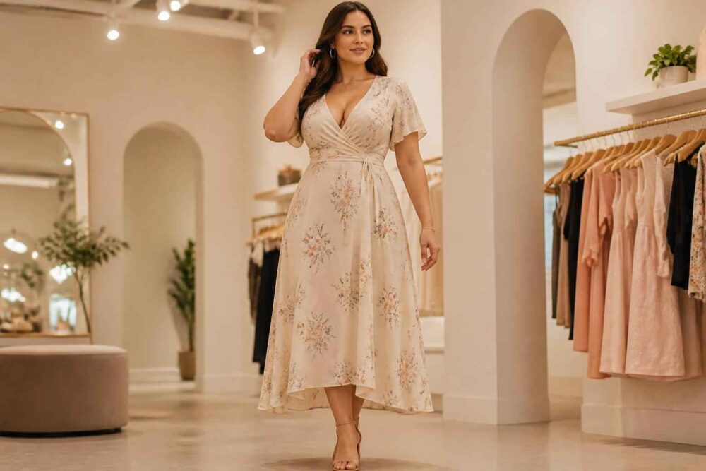 Kobieta w beżowej sukience w kwiaty przechadza się po eleganckim butiku odzieżowym