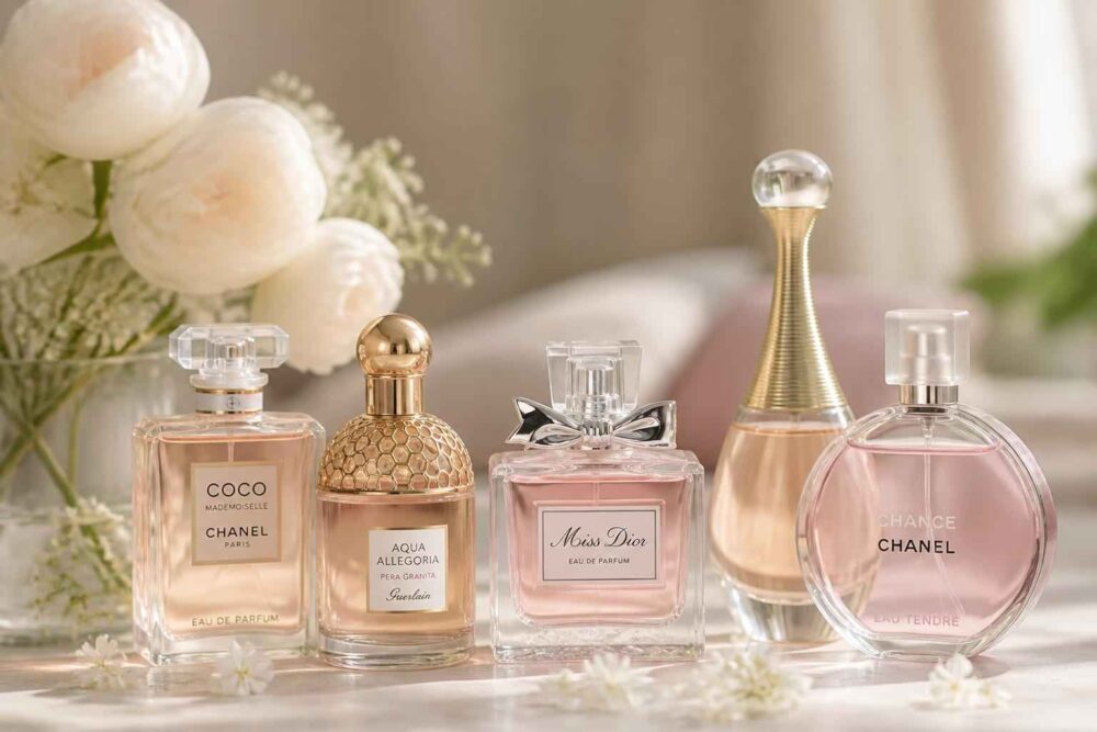 Kolekcja damskich perfum w ozdobnych flakonach na tle białych kwiatów