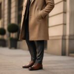 Mężczyzna w beżowym płaszczu, czarnych spodniach i brązowych butach stojący przed eleganckim budynkiem