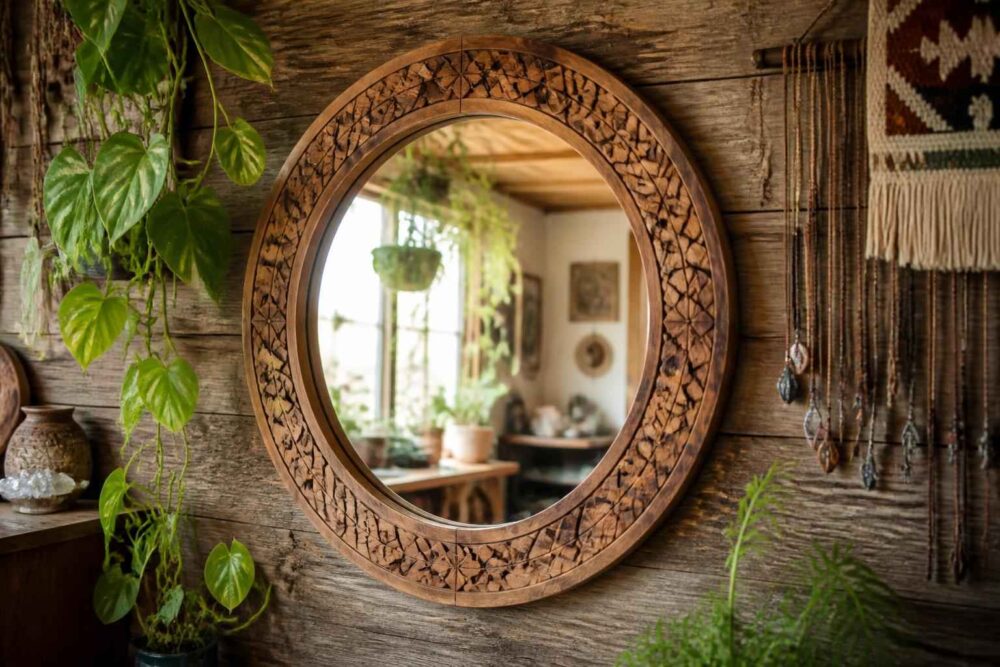 Okrągłe lustro w rzeźbionej drewnianej ramie na tle drewnianej ściany z roślinami i dekoracjami boho