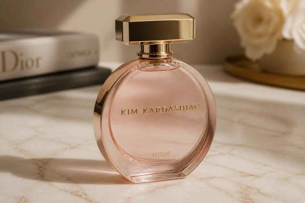 Flakon perfum Kim Kardashian na marmurowym blacie obok książek Diora i białych kwiatów