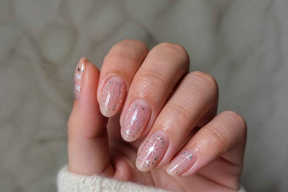 Dłoń z różowym manicure ozdobionym brokatem i białymi gwiazdkami